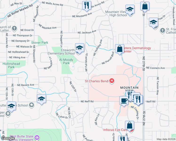 map of restaurants, bars, coffee shops, grocery stores, and more near 1941 Northeast Purcell Boulevard in Bend