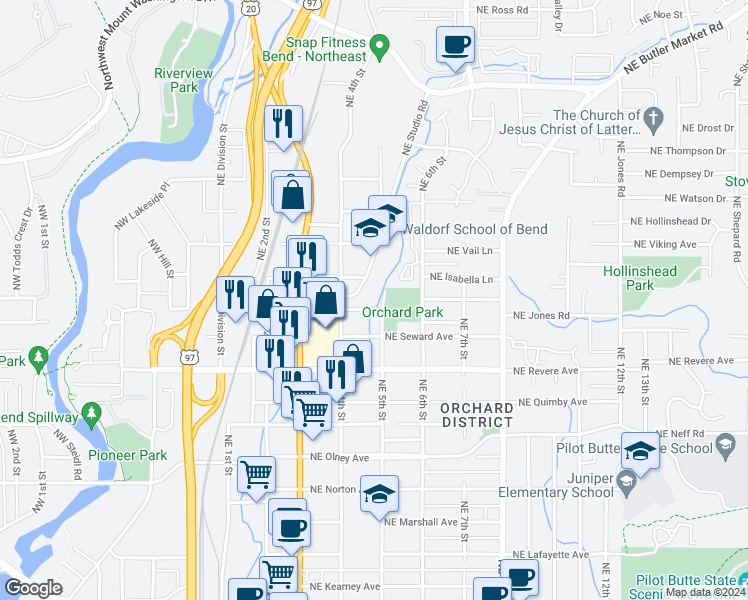 map of restaurants, bars, coffee shops, grocery stores, and more near 464 Northeast Thurston Avenue in Bend