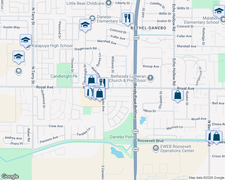 map of restaurants, bars, coffee shops, grocery stores, and more near 4666 Royal Ave in Eugene