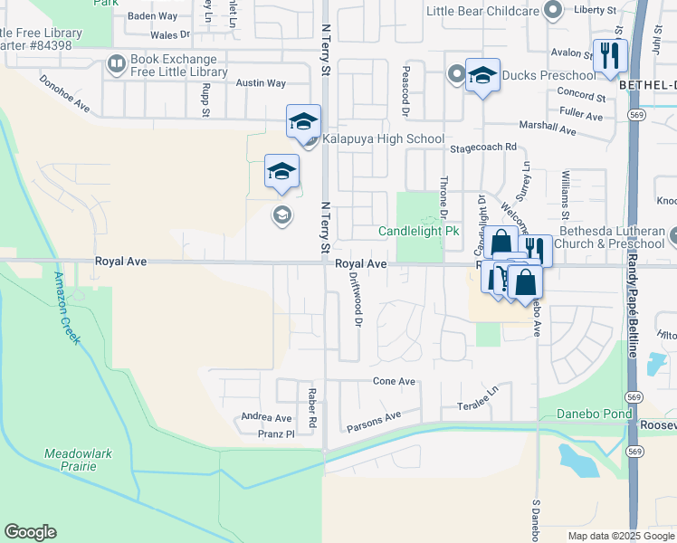 map of restaurants, bars, coffee shops, grocery stores, and more near 5102 Royal Avenue in Eugene