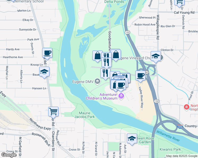 map of restaurants, bars, coffee shops, grocery stores, and more near 1400 Executive Parkway in Eugene