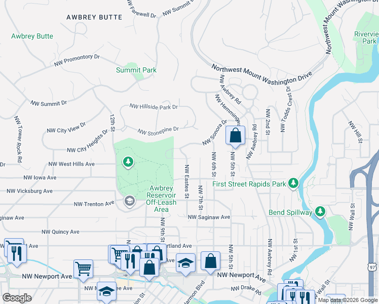 map of restaurants, bars, coffee shops, grocery stores, and more near 743 Northwest Sonora Drive in Bend
