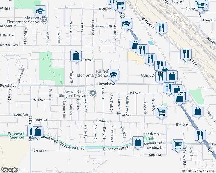 map of restaurants, bars, coffee shops, grocery stores, and more near 3486 Royal Ave in Eugene