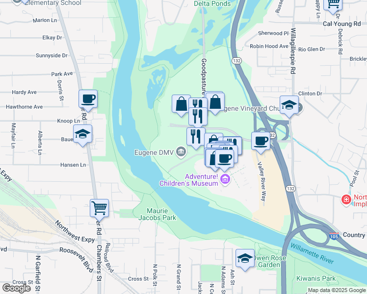 map of restaurants, bars, coffee shops, grocery stores, and more near 1400 Executive Parkway in Eugene