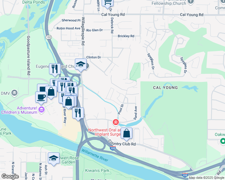map of restaurants, bars, coffee shops, grocery stores, and more near 830 Meadow Butte Loop in Eugene