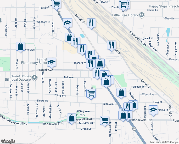 map of restaurants, bars, coffee shops, grocery stores, and more near 3048 Royal Avenue in Eugene
