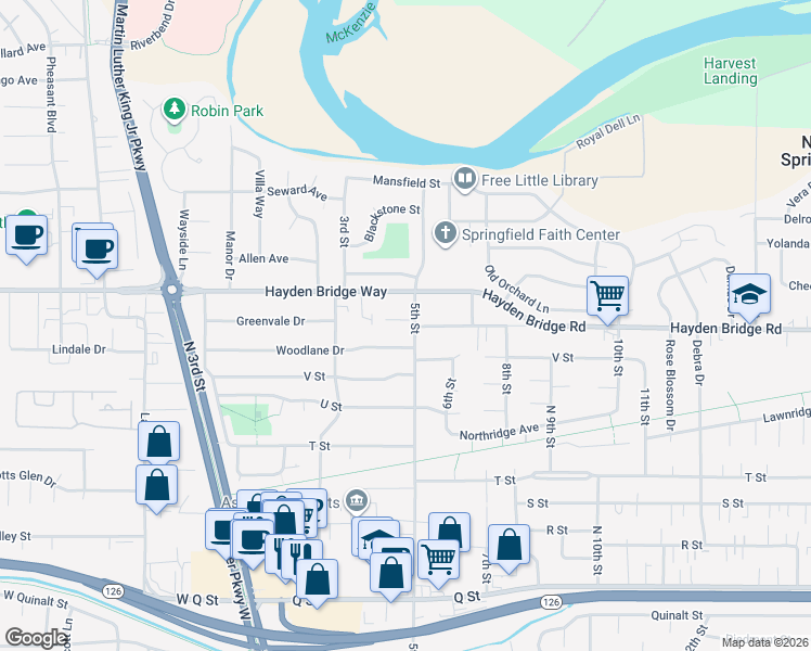 map of restaurants, bars, coffee shops, grocery stores, and more near 2382 5th St in Springfield