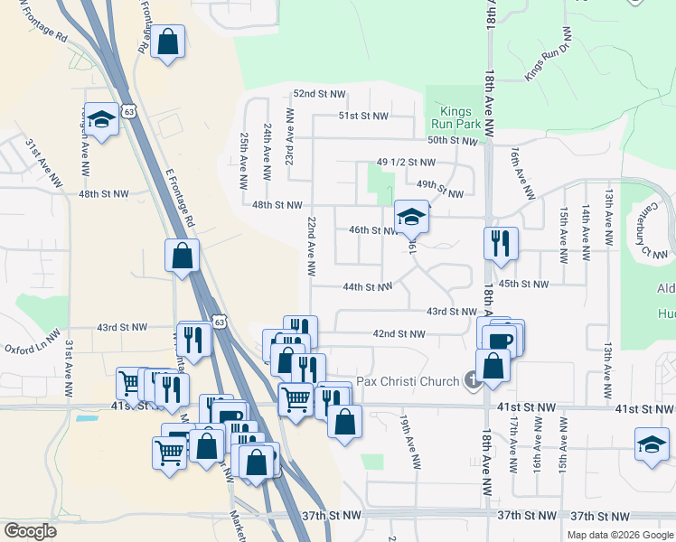 map of restaurants, bars, coffee shops, grocery stores, and more near 2140 45th St NW in Rochester