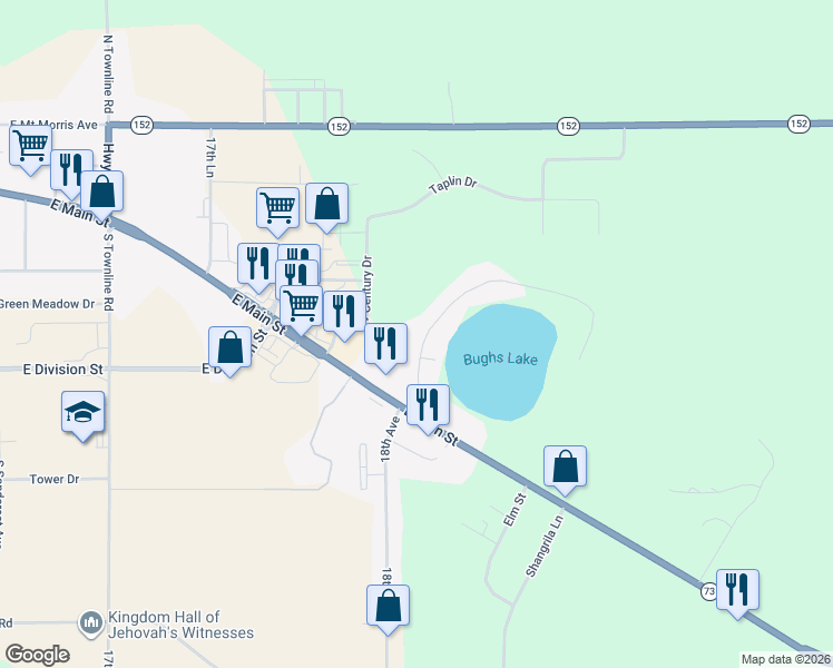 map of restaurants, bars, coffee shops, grocery stores, and more near N2542 Bughs Lake Road in Wautoma