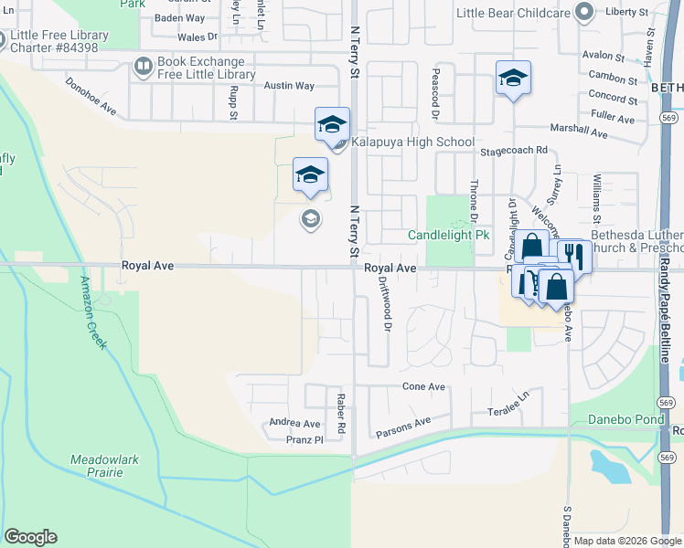 map of restaurants, bars, coffee shops, grocery stores, and more near 5140 Royal Avenue in Eugene