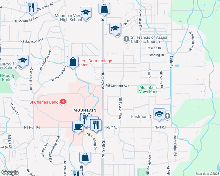 map of restaurants, bars, coffee shops, grocery stores, and more near 2747 Northeast Conners Avenue in Bend
