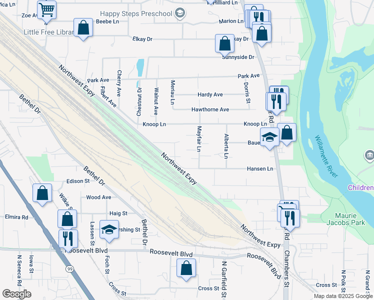 map of restaurants, bars, coffee shops, grocery stores, and more near 390 Stevens Lane in Eugene