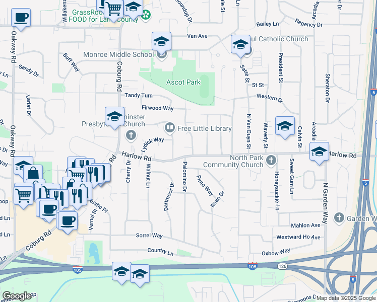 map of restaurants, bars, coffee shops, grocery stores, and more near 2991 Harlow Road in Eugene