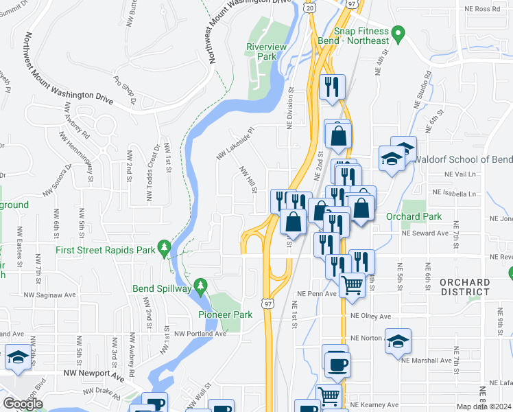 map of restaurants, bars, coffee shops, grocery stores, and more near 2018 Northwest Hill Street in Bend