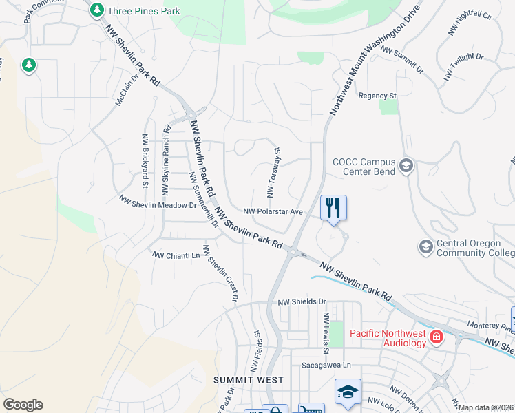 map of restaurants, bars, coffee shops, grocery stores, and more near 2320 Northwest Marken Place in Bend