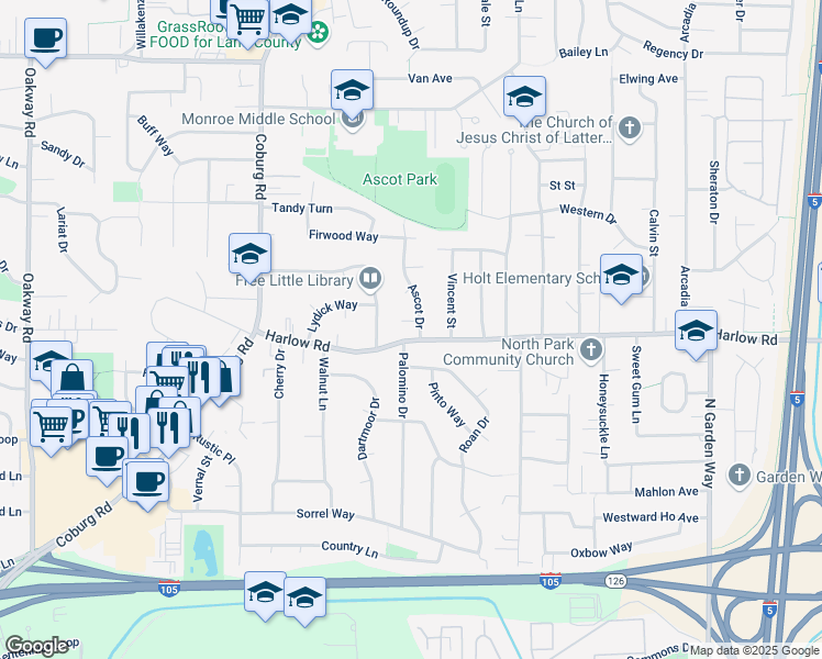 map of restaurants, bars, coffee shops, grocery stores, and more near 725 Ascot Drive in Eugene