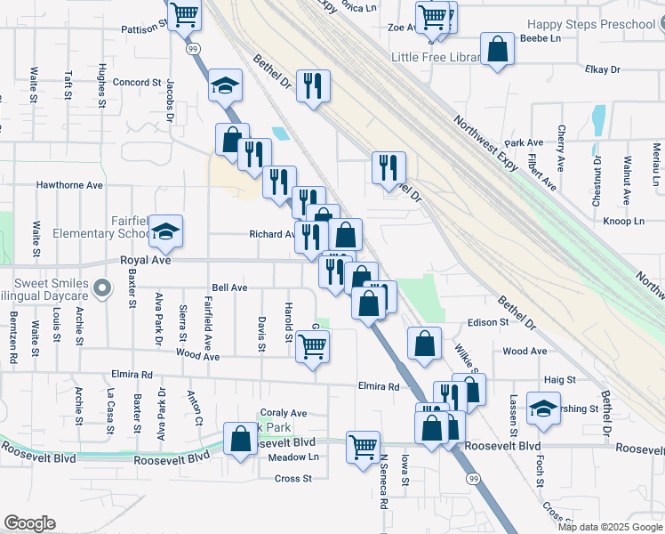 map of restaurants, bars, coffee shops, grocery stores, and more near 795 State Highway 99 North in Eugene