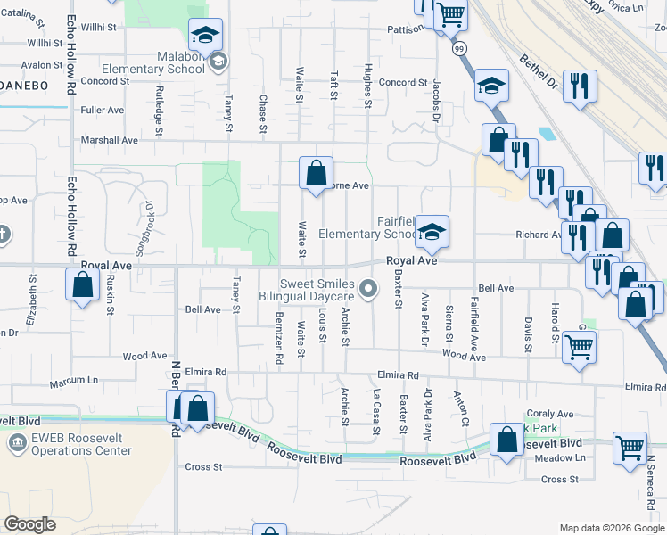 map of restaurants, bars, coffee shops, grocery stores, and more near 3735 Royal Avenue in Eugene