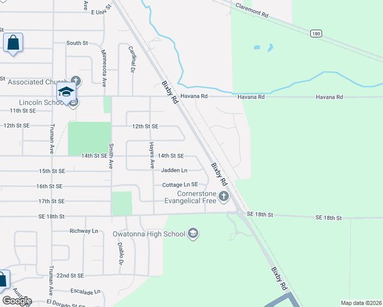 map of restaurants, bars, coffee shops, grocery stores, and more near 1410 14th Street Southeast in Owatonna