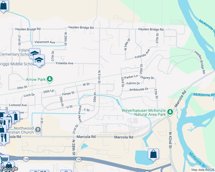 map of restaurants, bars, coffee shops, grocery stores, and more near 3143 West Street in Springfield