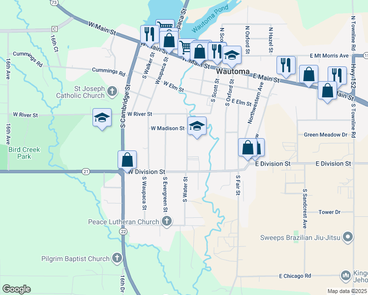 map of restaurants, bars, coffee shops, grocery stores, and more near 530 South Water Street in Wautoma