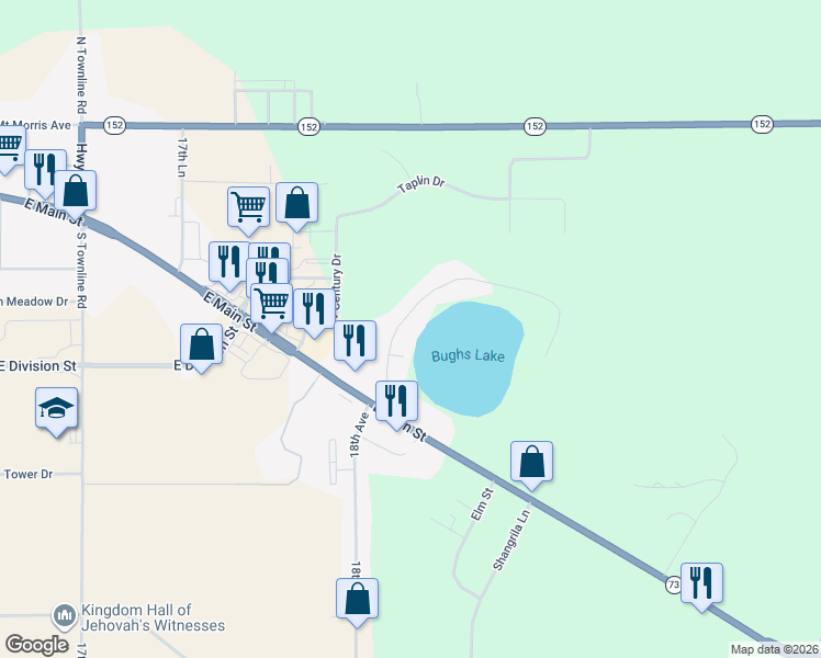 map of restaurants, bars, coffee shops, grocery stores, and more near N2542 Bughs Lake Road in Wautoma