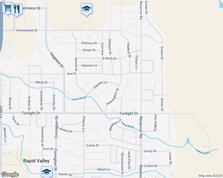 map of restaurants, bars, coffee shops, grocery stores, and more near 1508 Shannon Court in Rapid City