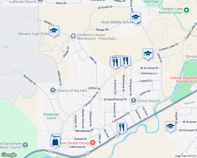map of restaurants, bars, coffee shops, grocery stores, and more near 1636 38th Street in Rapid City
