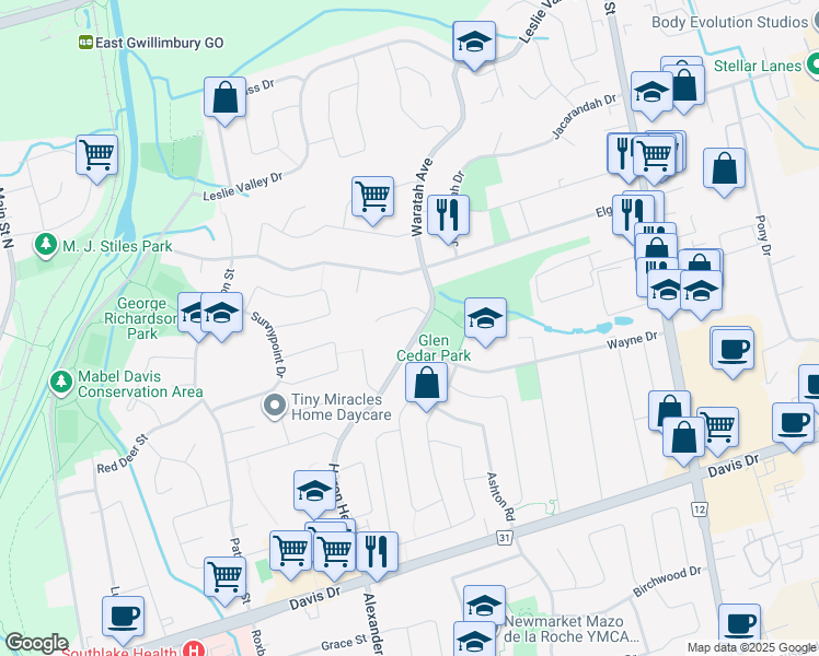 map of restaurants, bars, coffee shops, grocery stores, and more near 178 Waratah Avenue in Newmarket