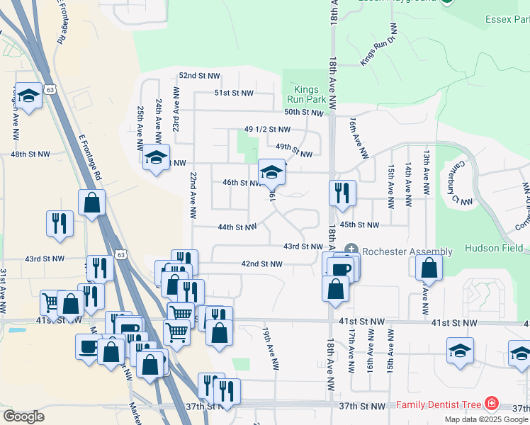 map of restaurants, bars, coffee shops, grocery stores, and more near 1925 44th Street Northwest in Rochester