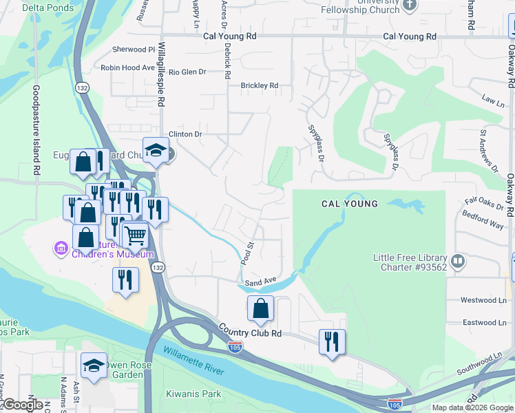 map of restaurants, bars, coffee shops, grocery stores, and more near 1183 Lantern Lane in Eugene