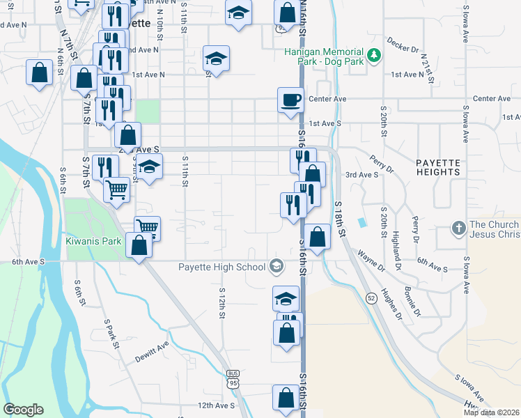 map of restaurants, bars, coffee shops, grocery stores, and more near 425 South 14th Street in Payette