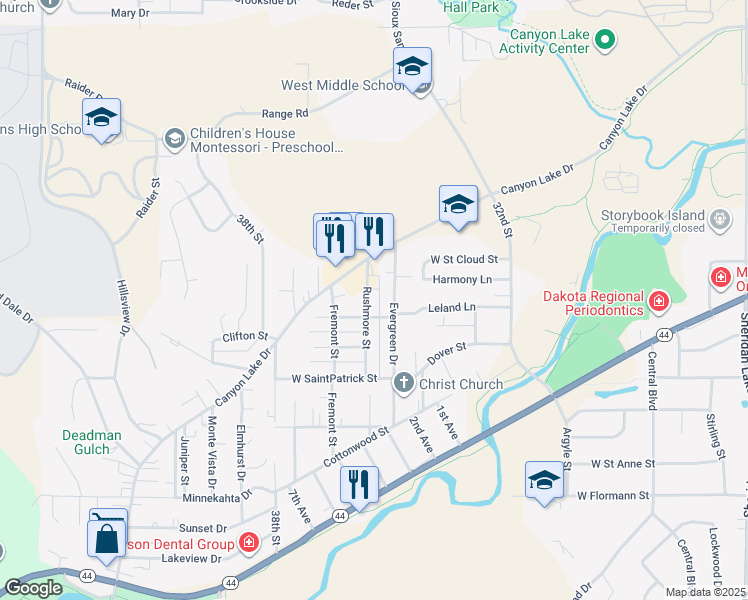 map of restaurants, bars, coffee shops, grocery stores, and more near 1634 Rushmore Street in Rapid City