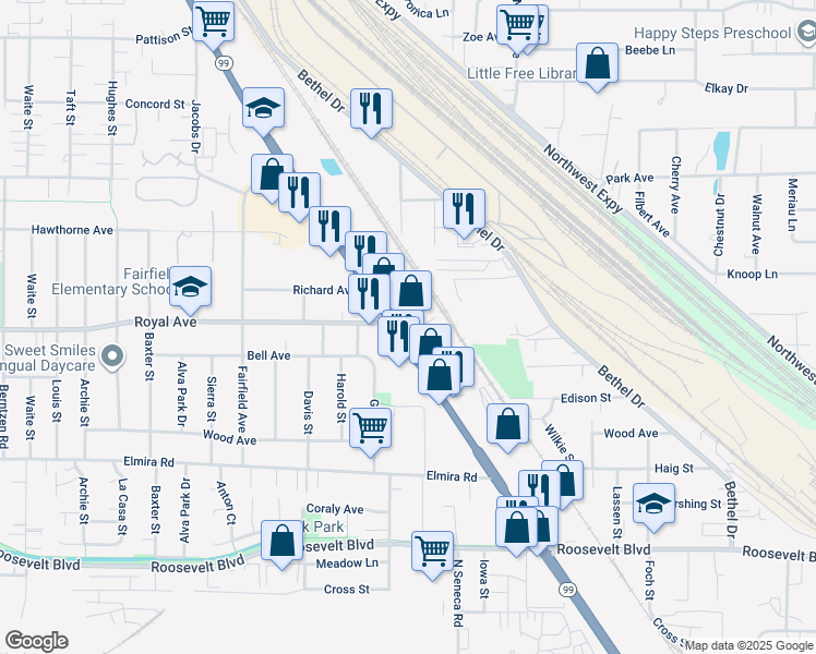 map of restaurants, bars, coffee shops, grocery stores, and more near 795 State Highway 99 North in Eugene