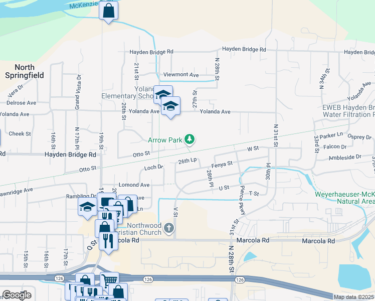 map of restaurants, bars, coffee shops, grocery stores, and more near 2469 Otto Street in Springfield
