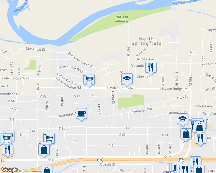 map of restaurants, bars, coffee shops, grocery stores, and more near 2425 Rose Blossom Drive in Springfield