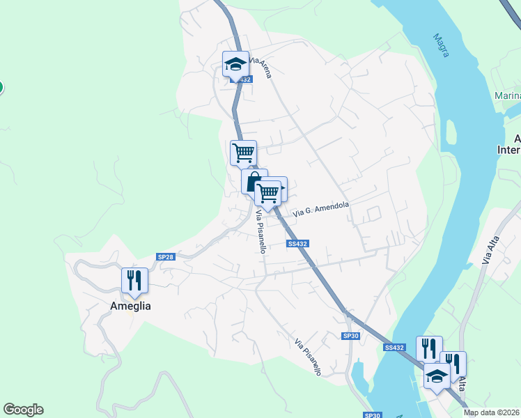 map of restaurants, bars, coffee shops, grocery stores, and more near 21 Via Pisanello in Ameglia
