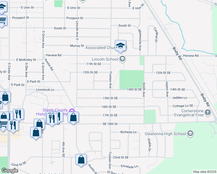 map of restaurants, bars, coffee shops, grocery stores, and more near 646 14th Street Southeast in Owatonna