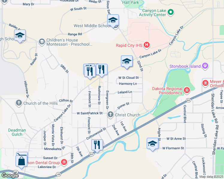 map of restaurants, bars, coffee shops, grocery stores, and more near 1640 Evergreen Drive in Rapid City