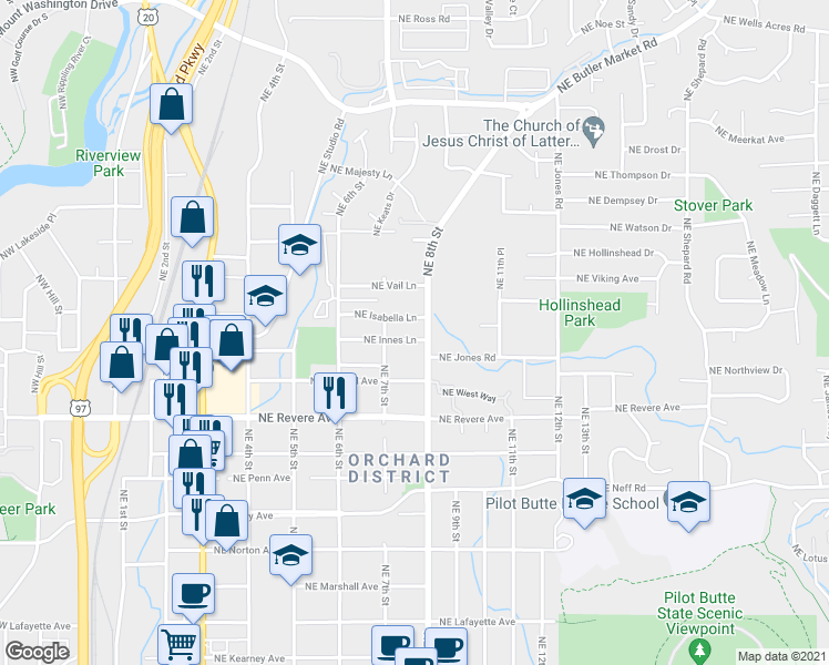 map of restaurants, bars, coffee shops, grocery stores, and more near 736 Northeast Innes Lane in Bend