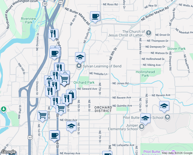 map of restaurants, bars, coffee shops, grocery stores, and more near 660 Northeast Innes Lane in Bend