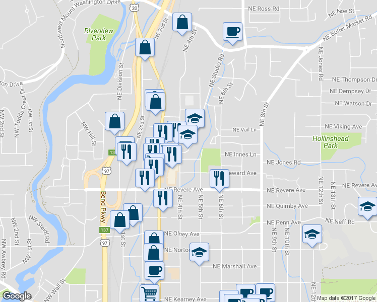 map of restaurants, bars, coffee shops, grocery stores, and more near in Bend