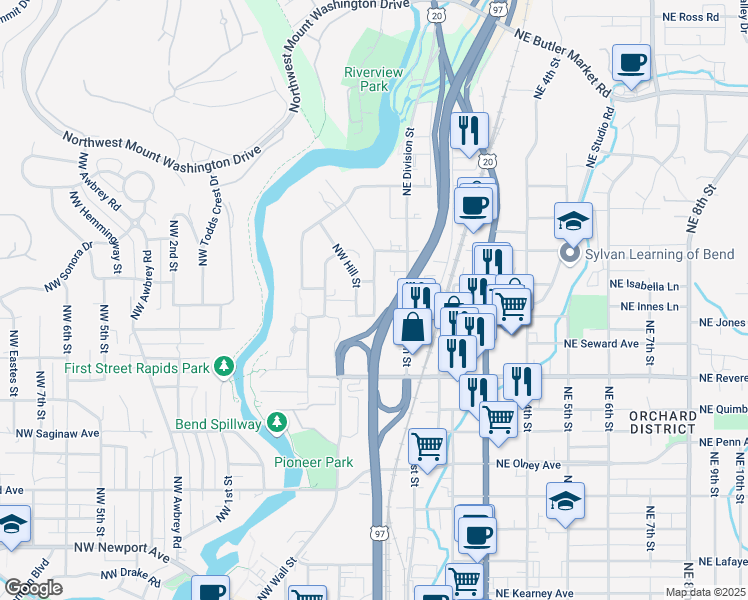 map of restaurants, bars, coffee shops, grocery stores, and more near 2018 Northwest Hill Street in Bend