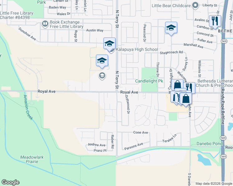 map of restaurants, bars, coffee shops, grocery stores, and more near 5140 Royal Avenue in Eugene