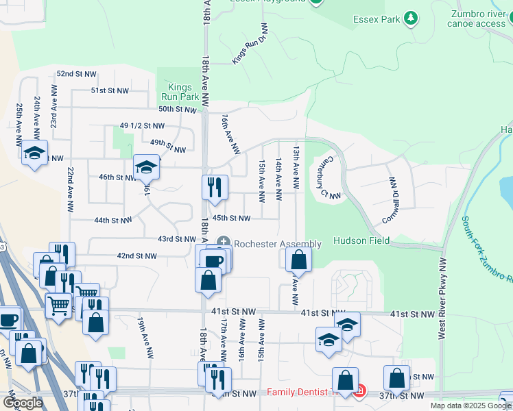 map of restaurants, bars, coffee shops, grocery stores, and more near 4515 15th Avenue Northwest in Rochester
