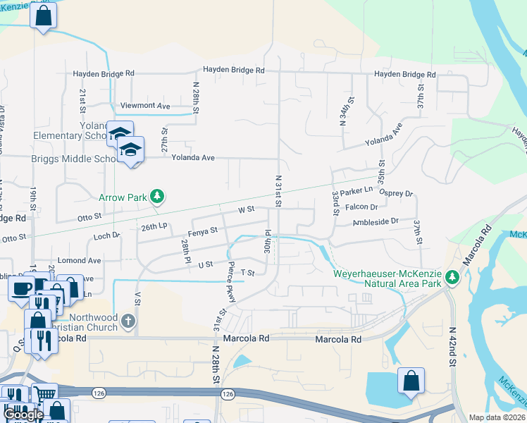 map of restaurants, bars, coffee shops, grocery stores, and more near 2985 W Street in Springfield