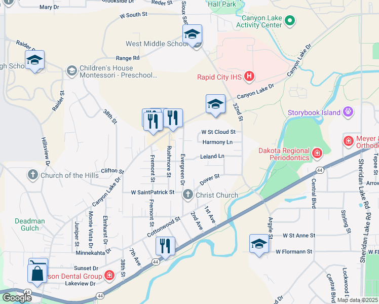 map of restaurants, bars, coffee shops, grocery stores, and more near 1640 Evergreen Drive in Rapid City