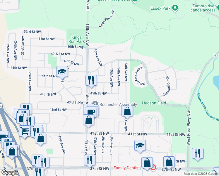 map of restaurants, bars, coffee shops, grocery stores, and more near 4515 15th Avenue Northwest in Rochester