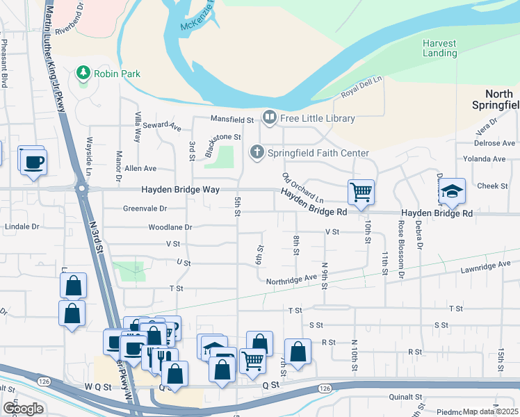 map of restaurants, bars, coffee shops, grocery stores, and more near 620 Hayden Bridge Place in Springfield
