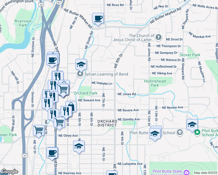 map of restaurants, bars, coffee shops, grocery stores, and more near 736 Northeast Innes Lane in Bend